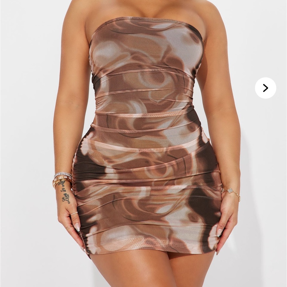 Fashion Nova Strapless Brown Pattern Dress